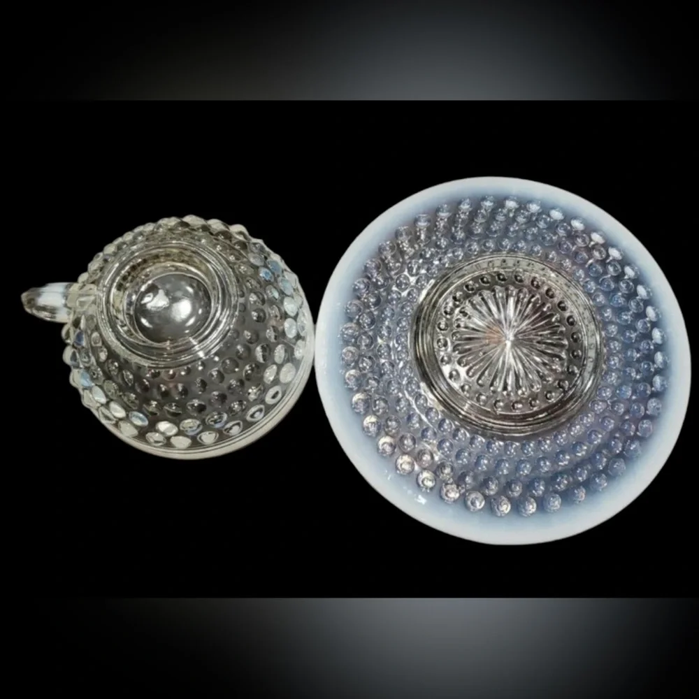 Vintage Moonstone Opalescent Cup & Plate Milk Glass Avcents